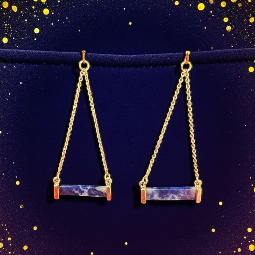 Gold and Blue Marble Chain Earrings